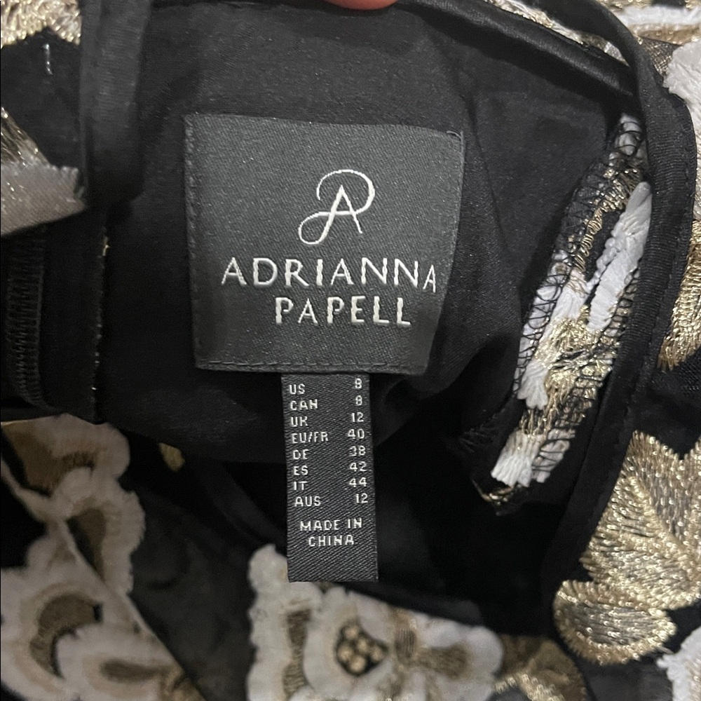 Adrianna Papell Black and White Floral Midi Dress with Gold Details - Picture 2 of 10